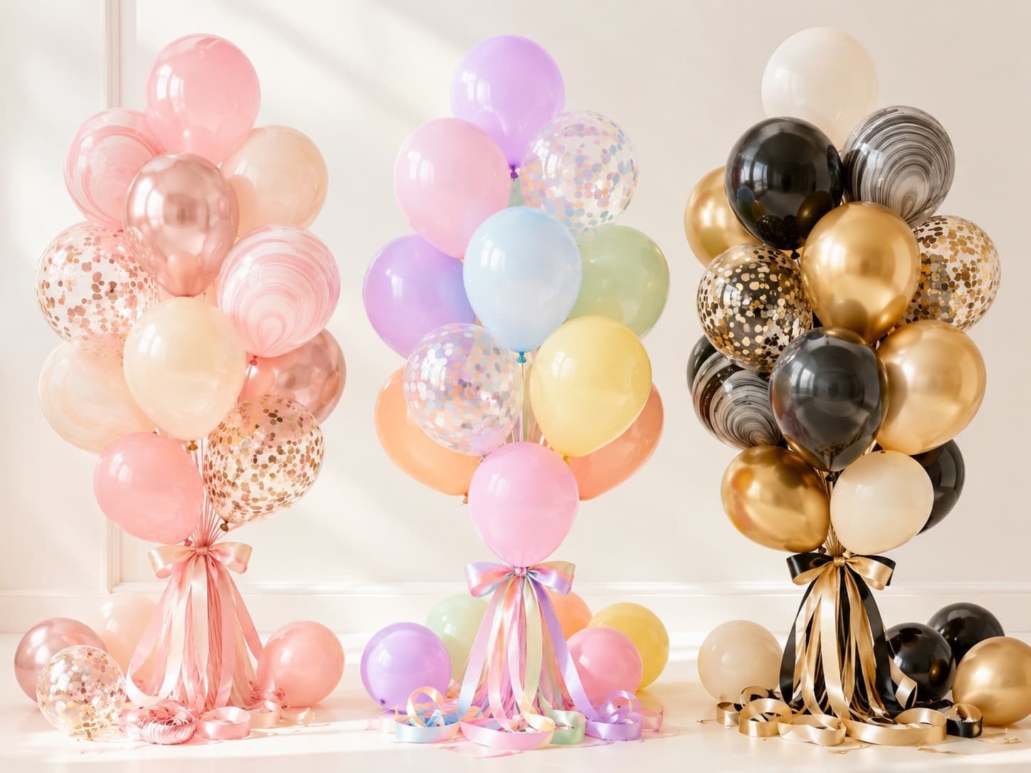 Party balloons and ribbons grouped into three colour families: blush and cream, pastel rainbow, and gold and black