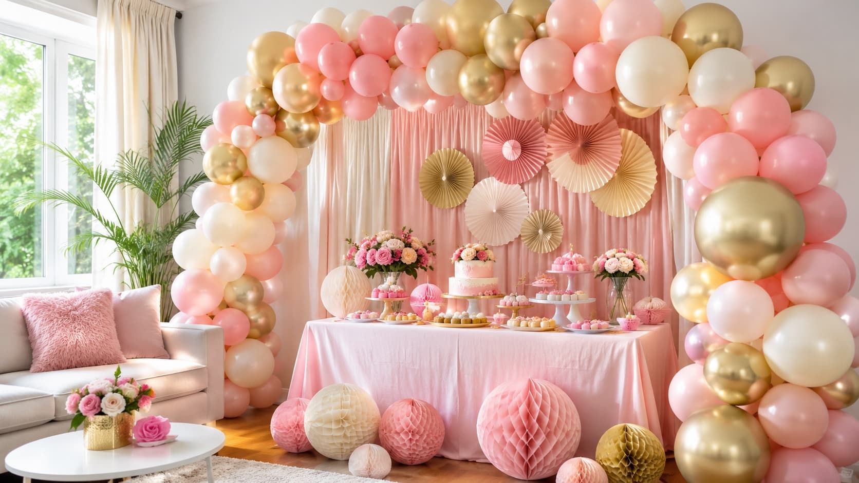 A living-room party corner styled with a blush, cream and gold air-filled balloon garland arch over a dessert table with a fabric backdrop, honeycombs and paper fans
