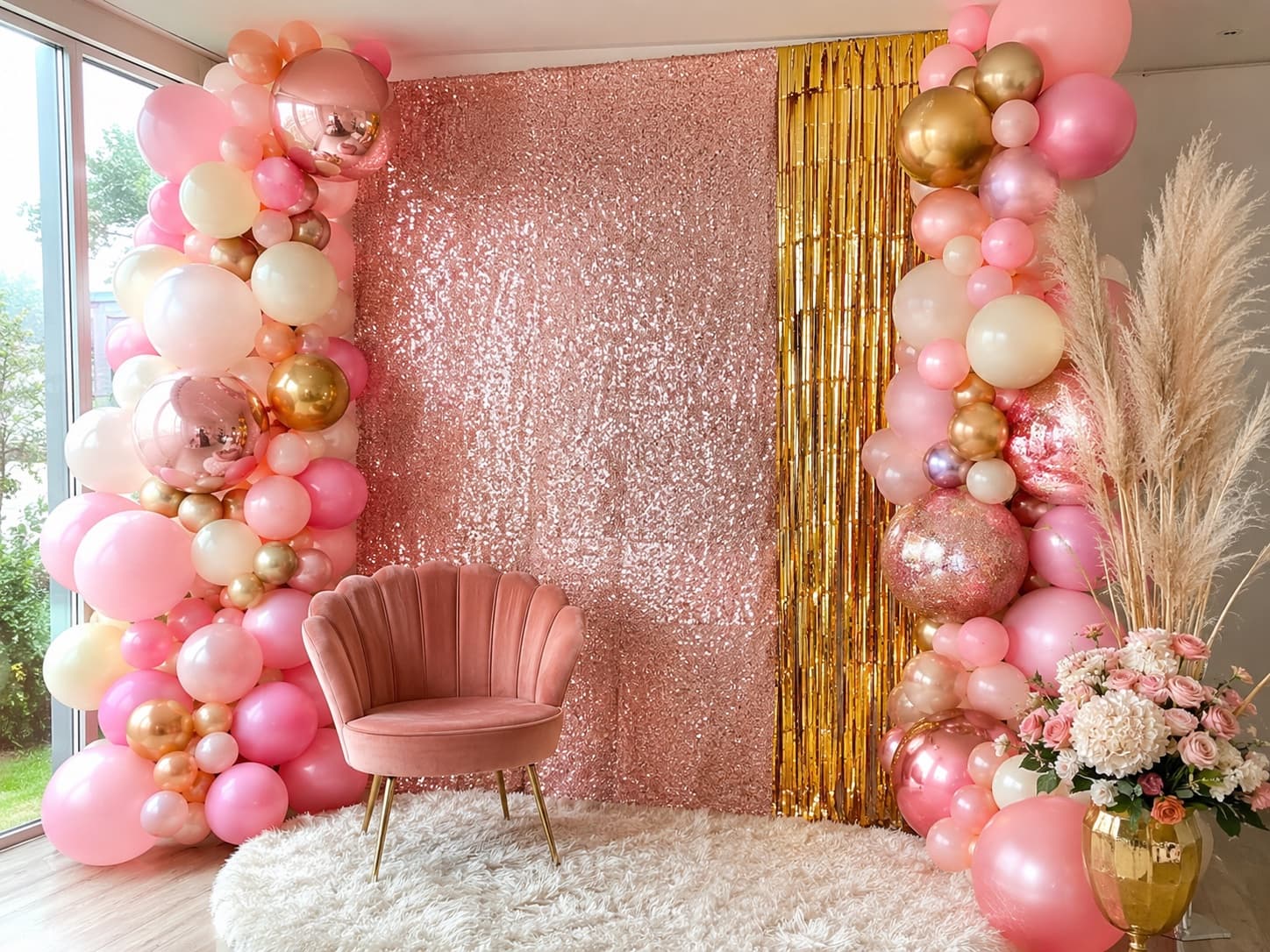 A styled photo corner with a sequin backdrop, balloon columns and a fringe curtain