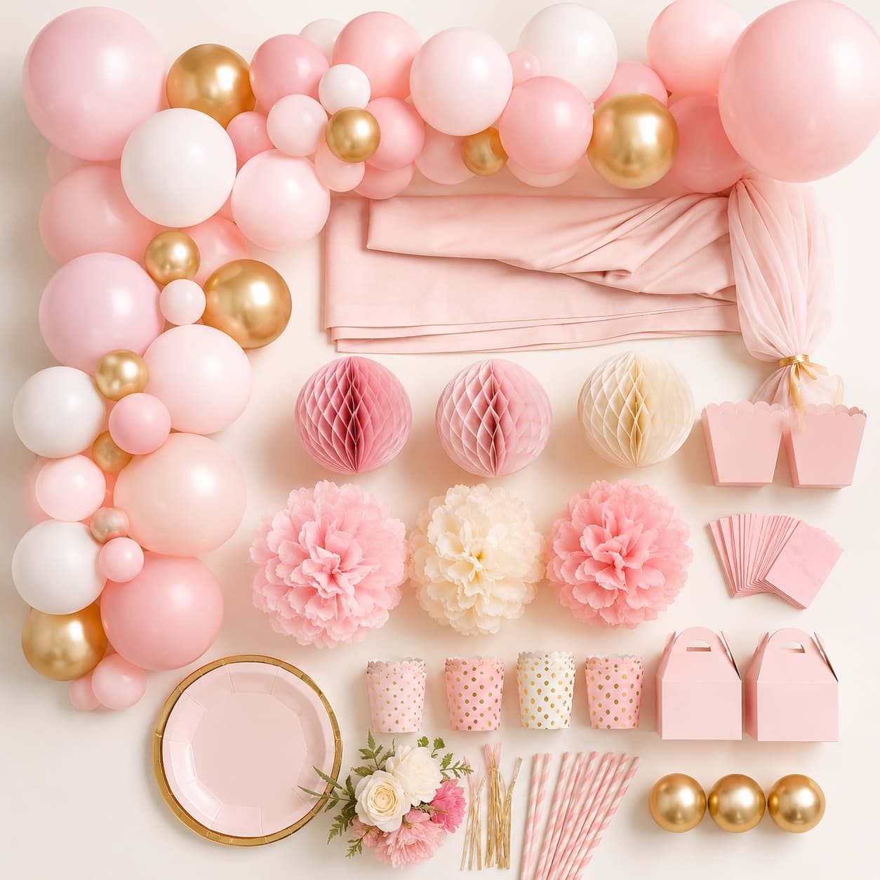 Baby Shower Styling Set — A soft, styled baby-shower corner: blush garland, fabric backdrop, honeycombs, pom poms and treat boxes.