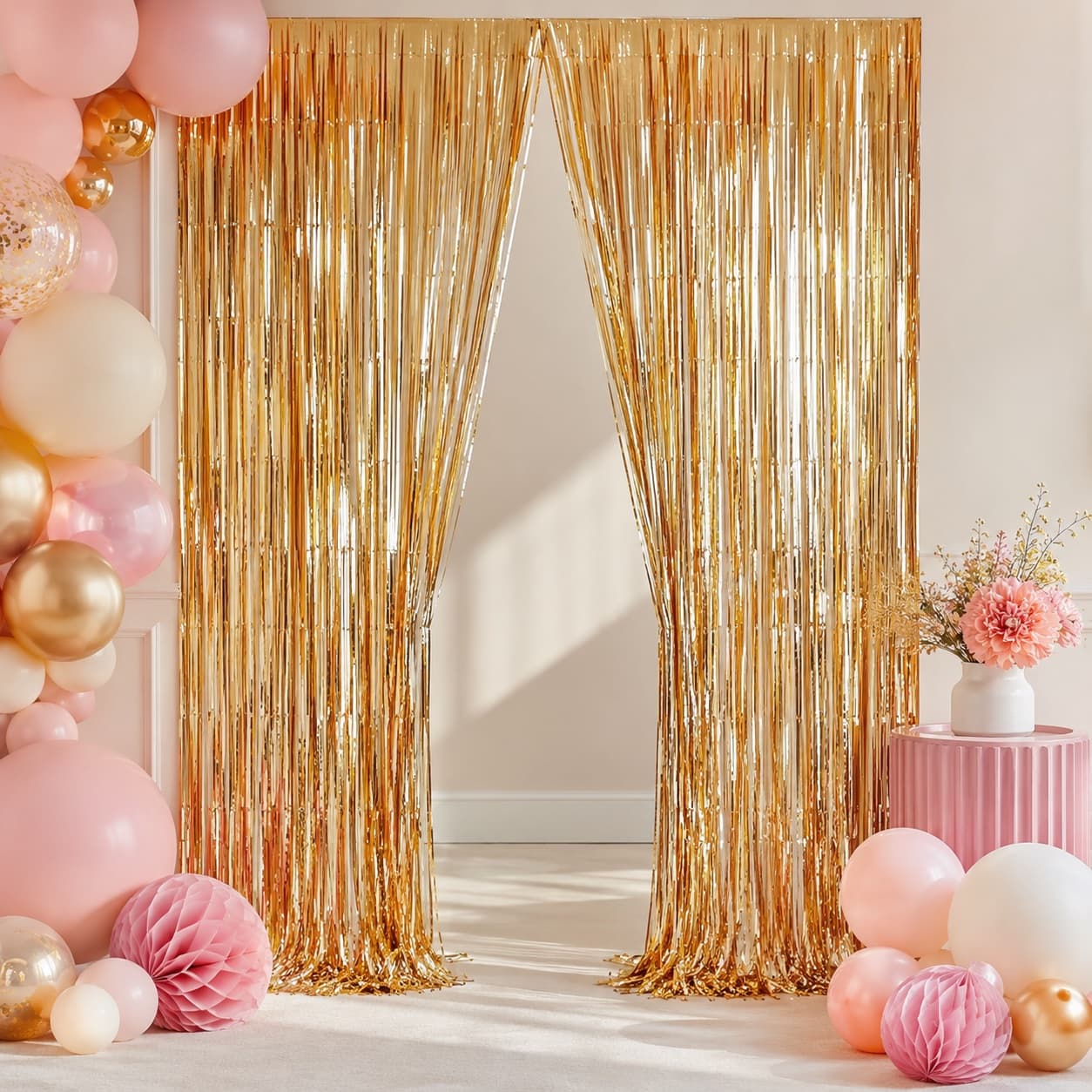 Foil Curtain Backdrop Duo — Two metallic rain curtains to frame an entrance or double up as a shimmering backdrop.