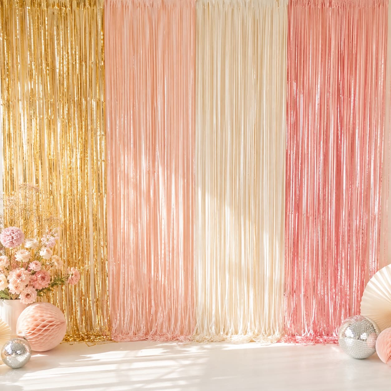Fringe Curtain 4-Pack — Four foil-free tinsel fringe curtains to layer a doorway or build a full backdrop wall.