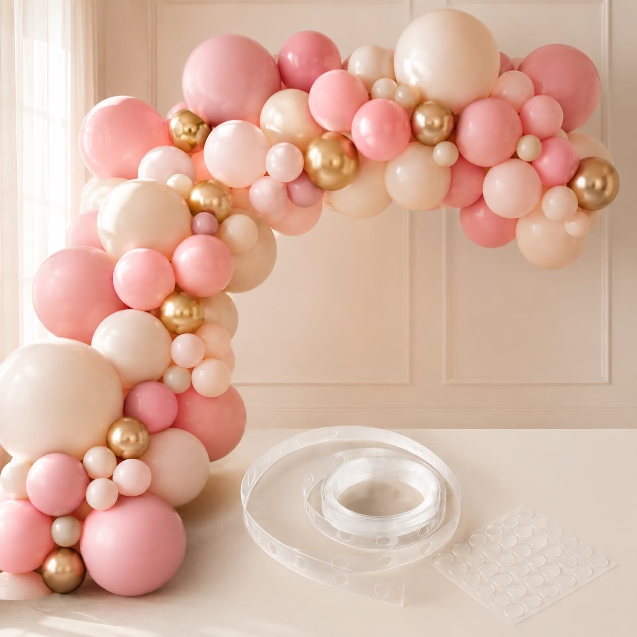Balloon Garland Kit — Blush & Cream — A 120-balloon blush and cream garland that builds into a soft, photogenic arch — air-filled, no helium.
