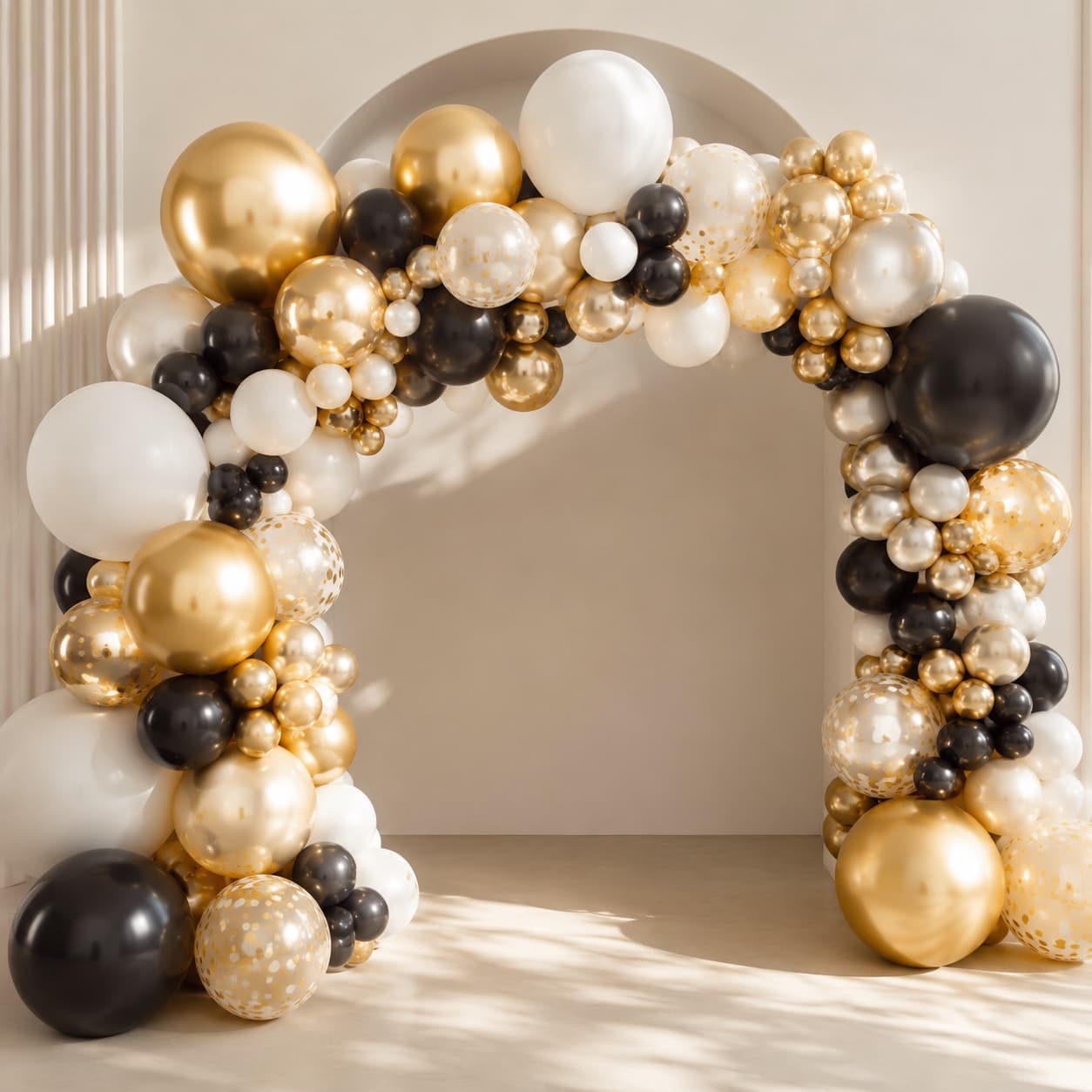 Balloon Garland Kit — Gold & Black — A gold, black and white garland for grown-up birthdays and celebrations — bold, tidy, air-filled.