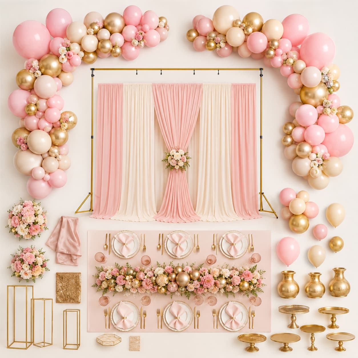 Grand Celebration Set — The flagship whole-party kit: two garlands, a stand, a backdrop, the full table set and a theme pack.