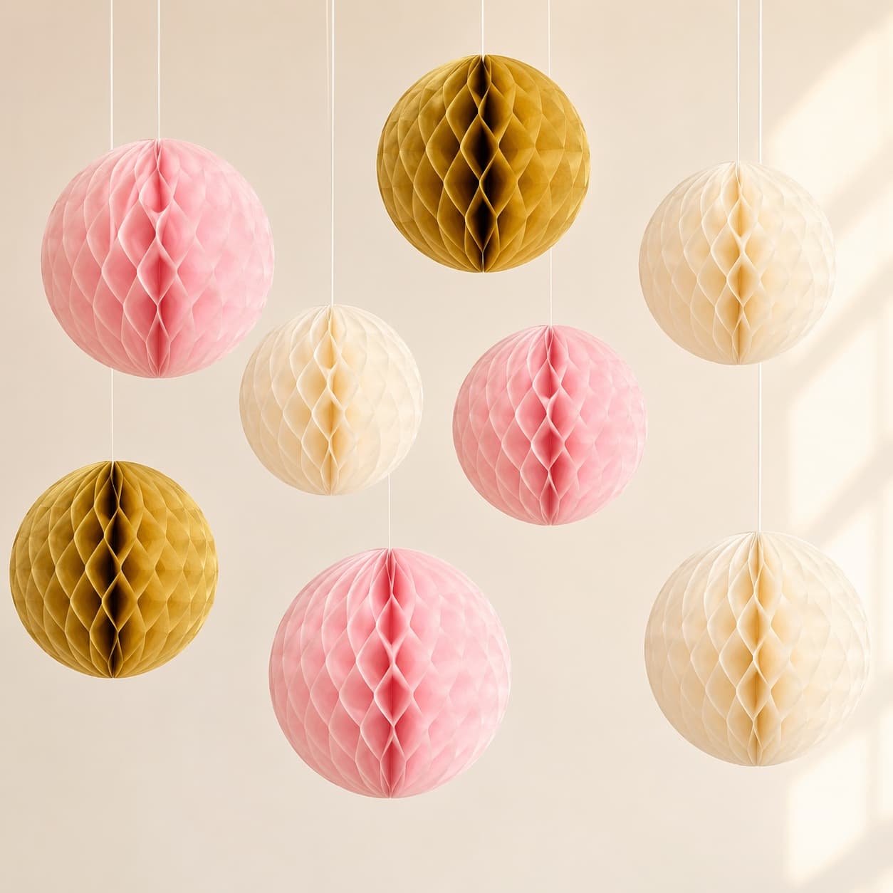 Honeycomb Ball 8-Pack — Eight paper honeycomb balls that fold flat and open into instant hanging volume.