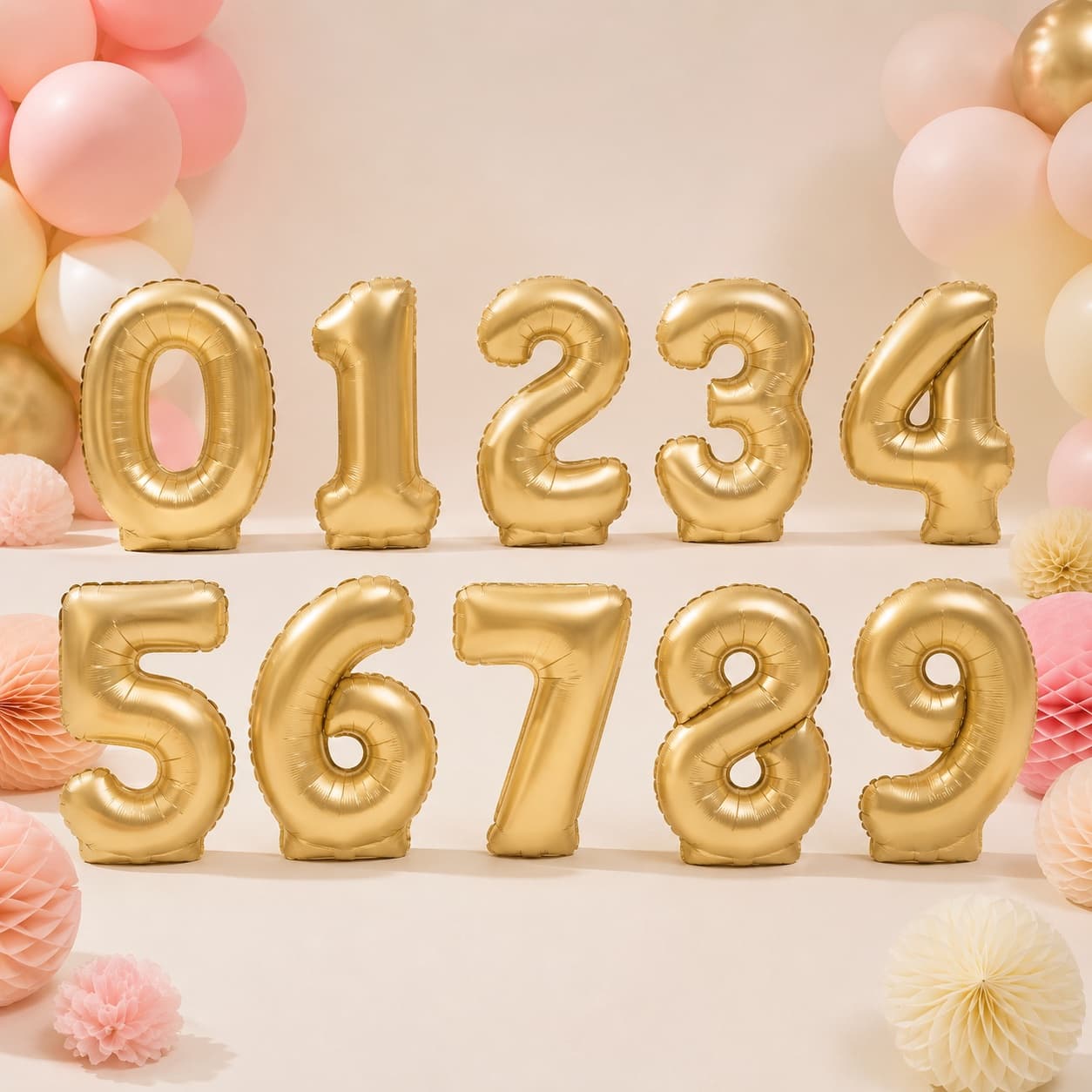Number Balloon Set 0–9 — Standing foil number balloons for any age or year — air-filled to stand upright on the table.