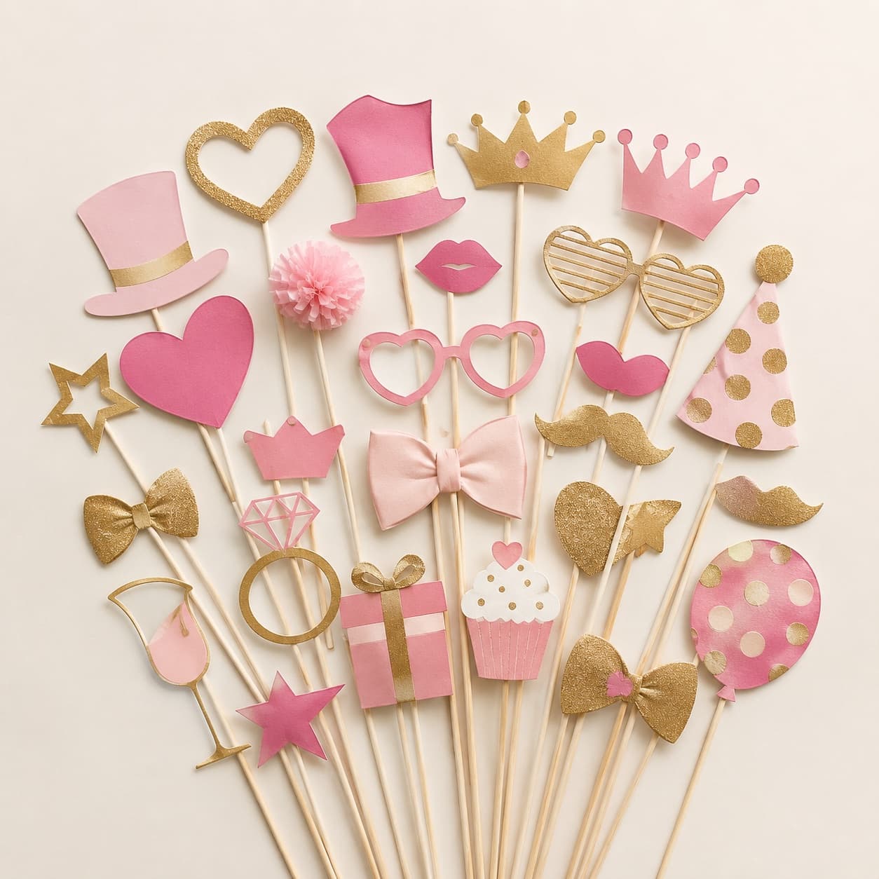 Photo Props Kit 30pc — Thirty hand-held paper props on sticks — all original, character-free shapes for the photo corner.
